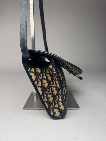 Vintage Dior Oblique Monogram Leather shoulder bag navy beige