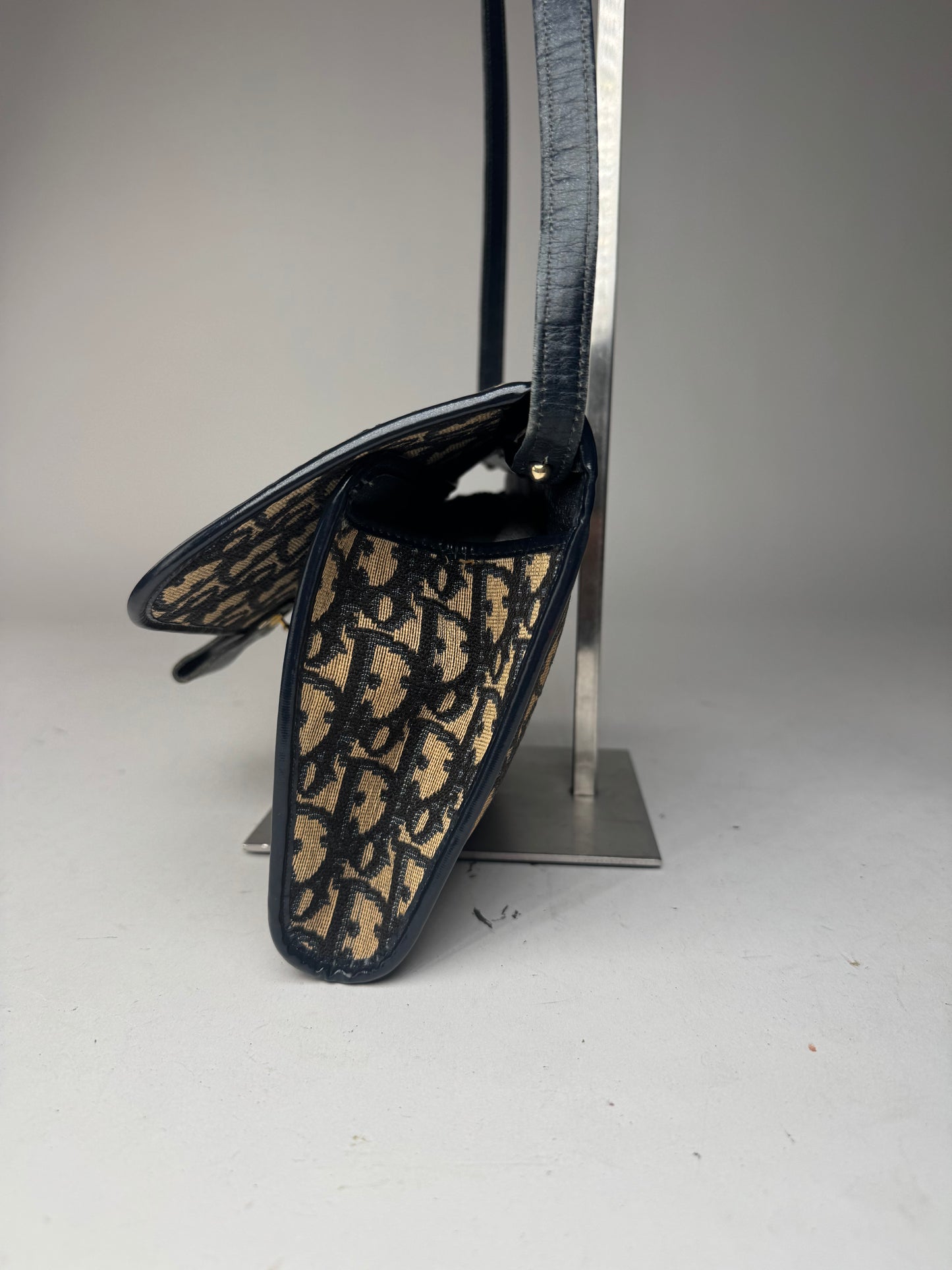 Vintage Dior Oblique Monogram Leather shoulder bag navy beige