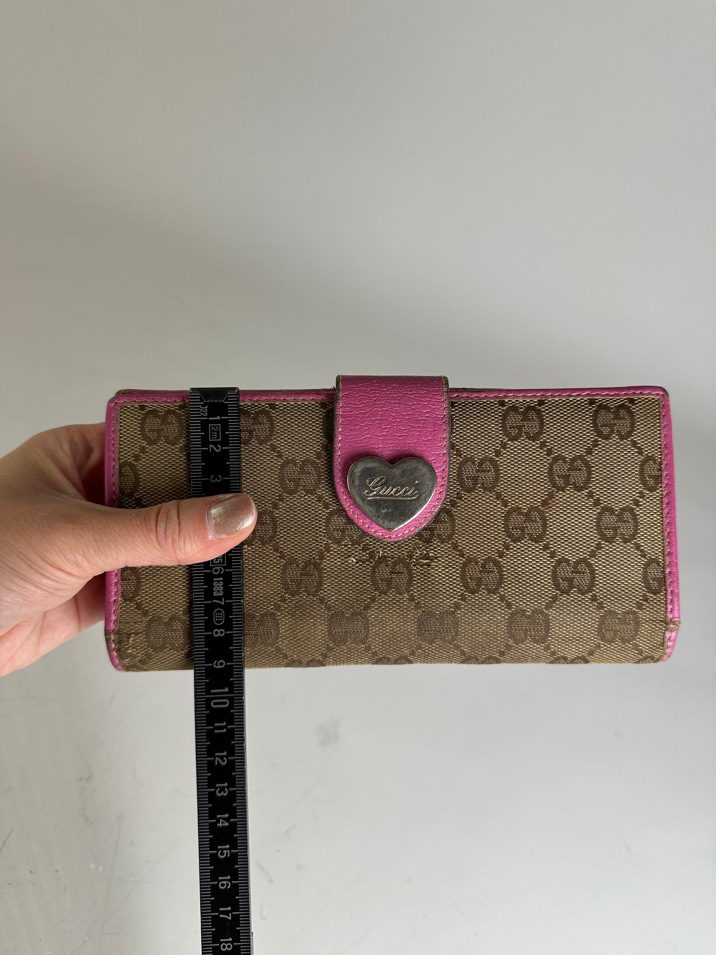 Vintage Gucci GG Supreme Canvas Wallet Pink Brown Silver