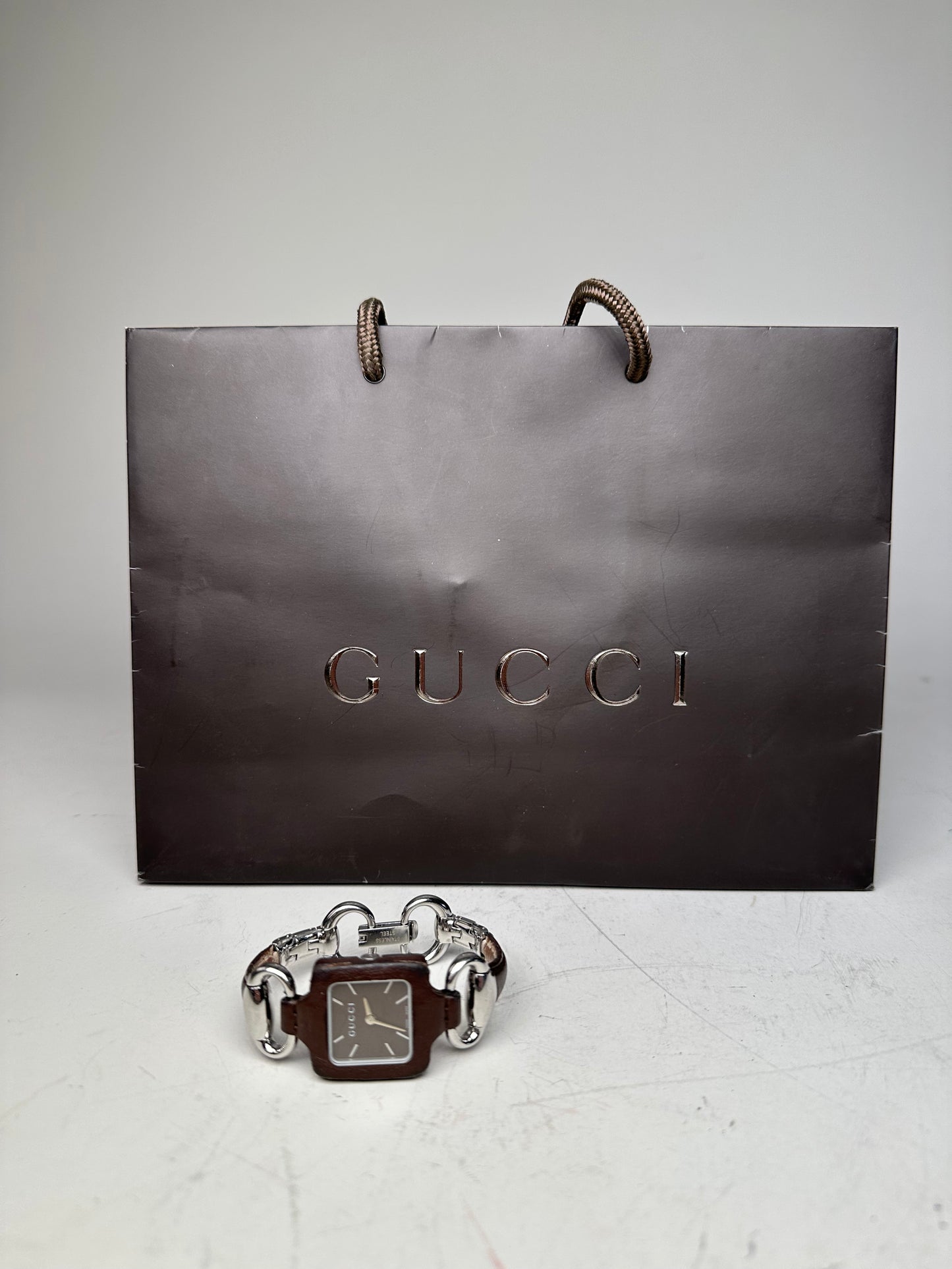 Vintage Gucci Stainless Steel Leather Bracelet Watch Brown Silver