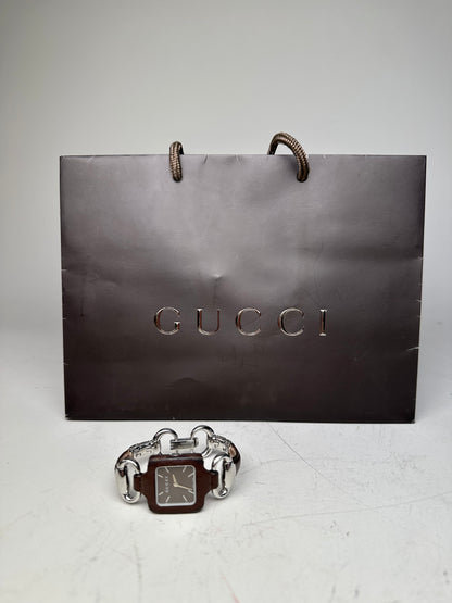 Vintage Gucci Stainless Steel Leather Bracelet Watch Brown Silver