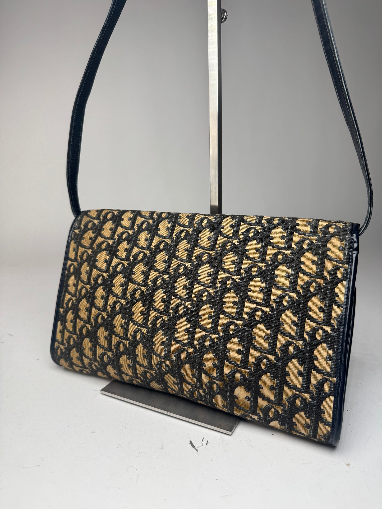 Vintage Dior Oblique Monogram Leather shoulder bag navy beige