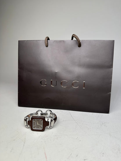 Vintage Gucci Stainless Steel Leather Bracelet Watch Brown Silver