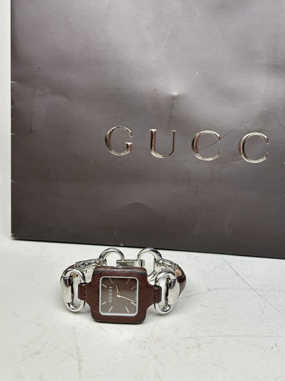 Vintage Gucci Stainless Steel Leather Bracelet Watch Brown Silver