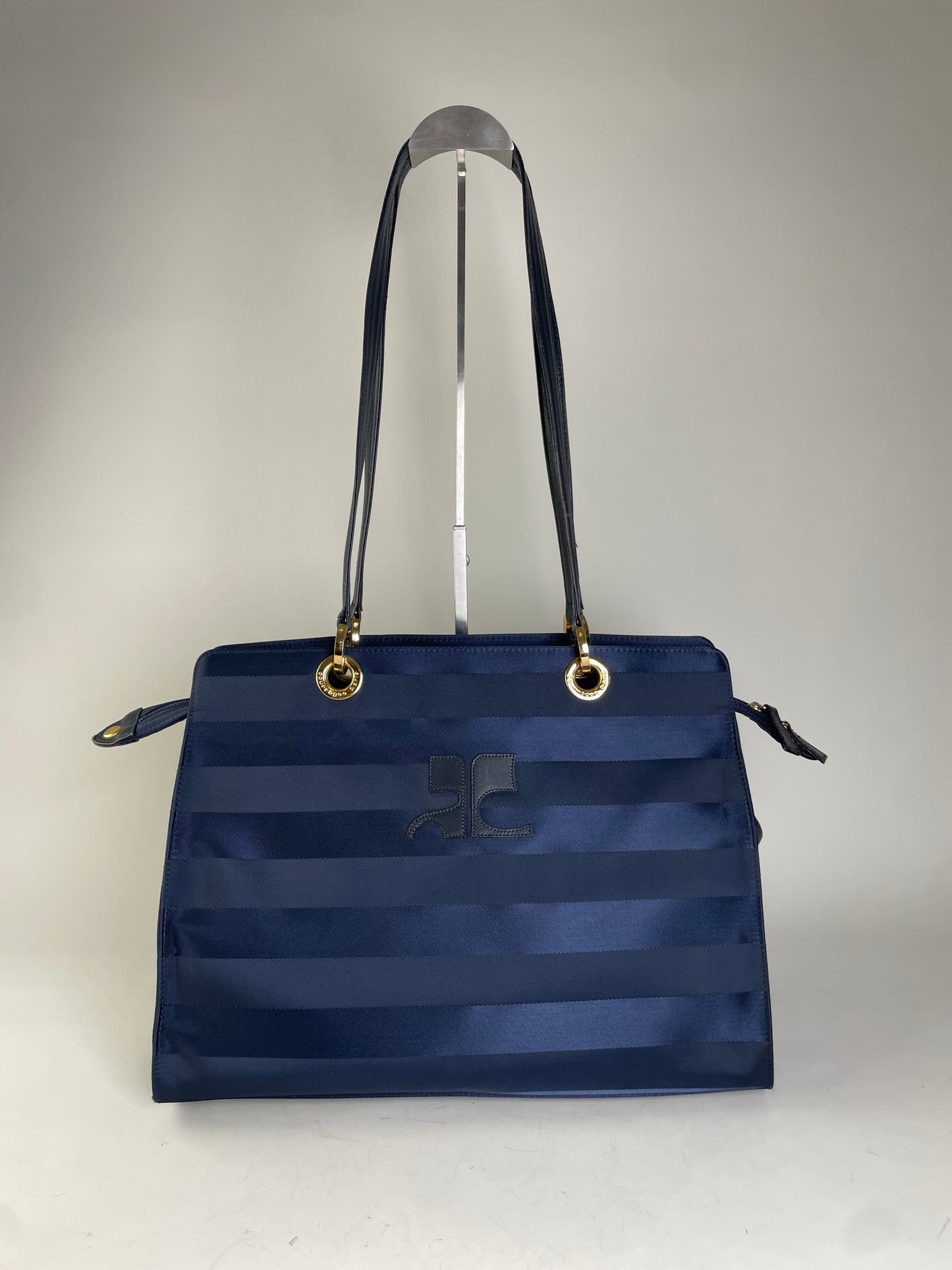 Vintage Courreges Nylon Leather Trim Tote Navy Gold