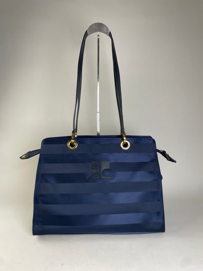 Vintage Courreges Nylon Leather Trim Tote Navy Gold