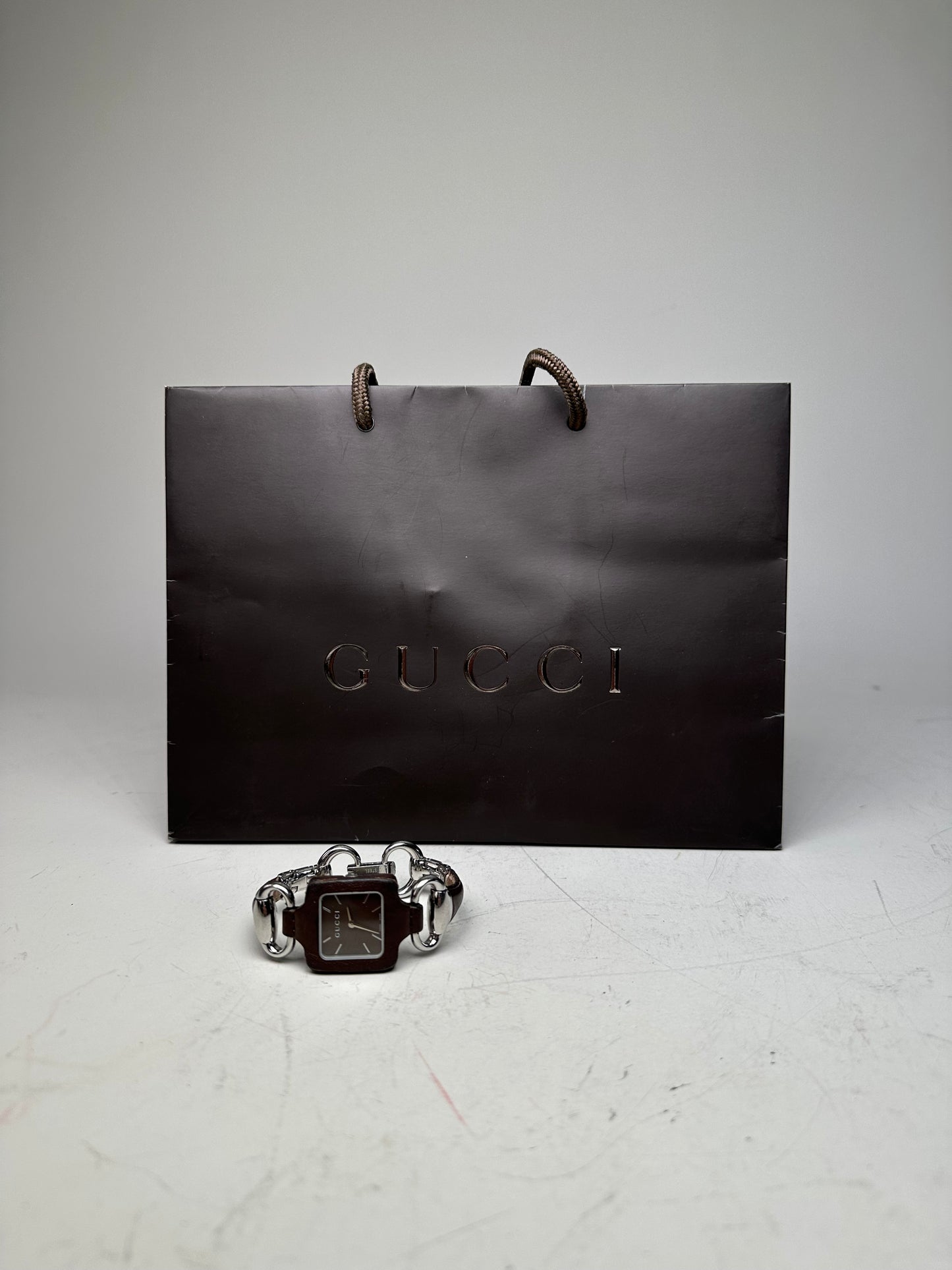 Vintage Gucci Stainless Steel Leather Bracelet Watch Brown Silver