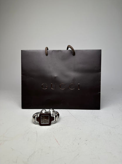 Vintage Gucci Stainless Steel Leather Bracelet Watch Brown Silver