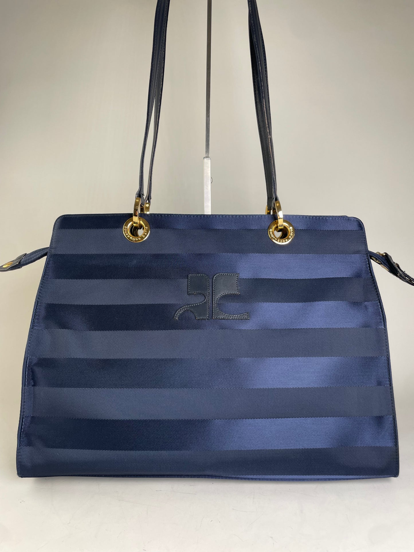 Vintage Courreges Nylon Leather Trim Tote Navy Gold