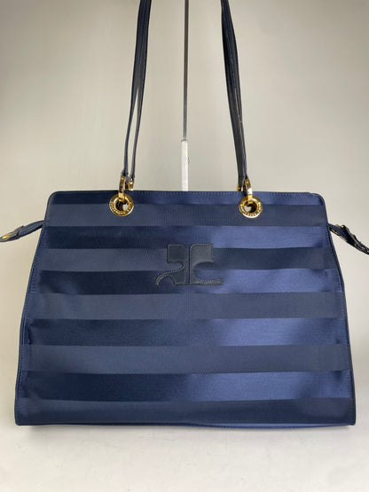 Vintage Courreges Nylon Leather Trim Tote Navy Gold