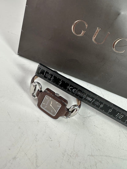 Vintage Gucci Stainless Steel Leather Bracelet Watch Brown Silver