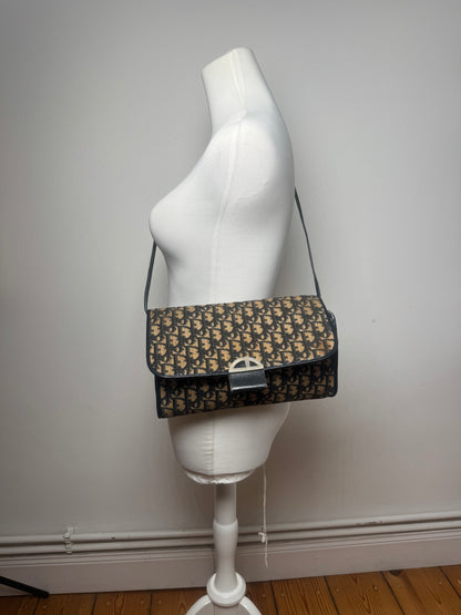 Vintage Dior Oblique Monogram Leather shoulder bag navy beige