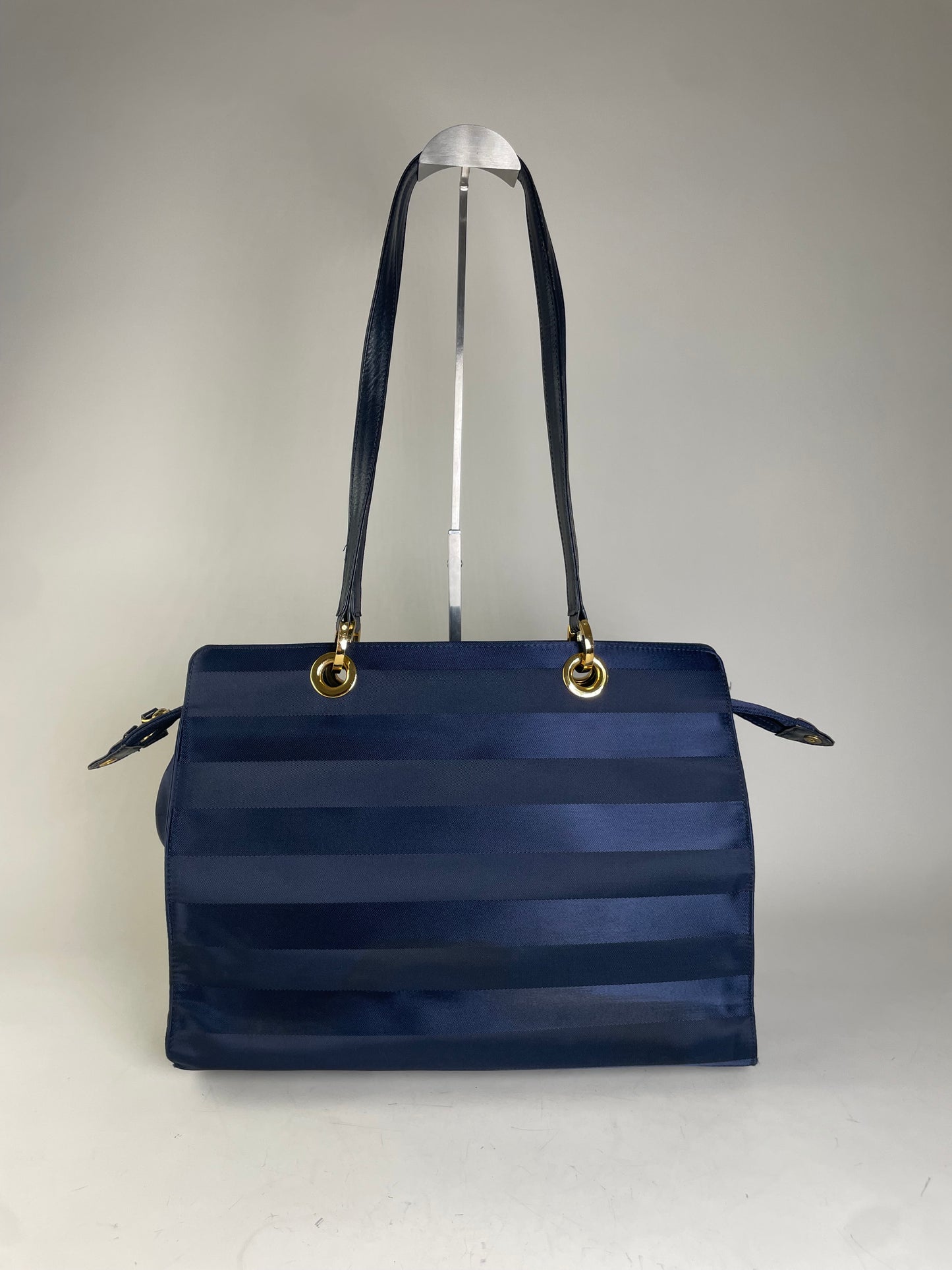 Vintage Courreges Nylon Leather Trim Tote Navy Gold