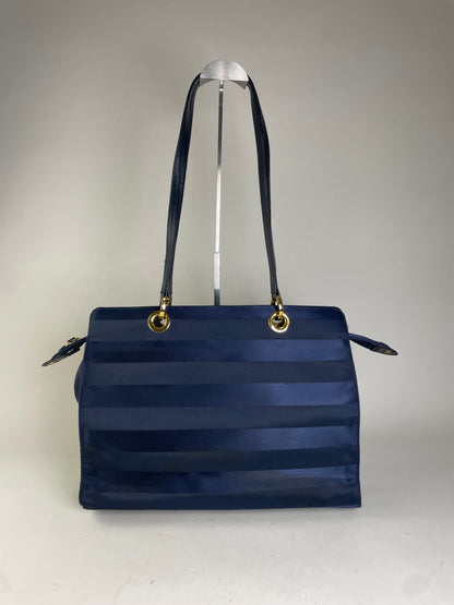 Vintage Courreges Nylon Leather Trim Tote Navy Gold