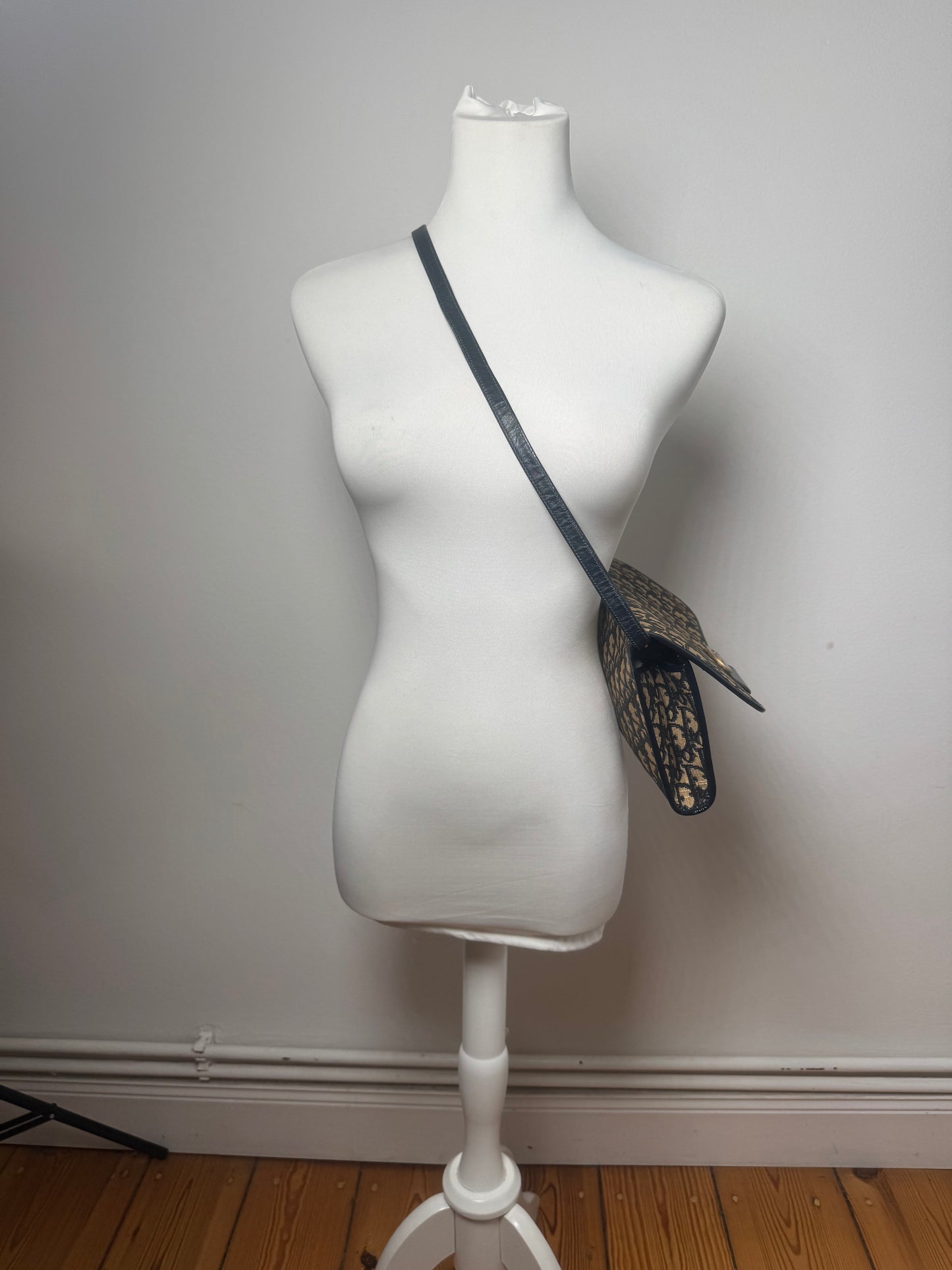 Vintage Dior Oblique Monogram Leather shoulder bag navy beige