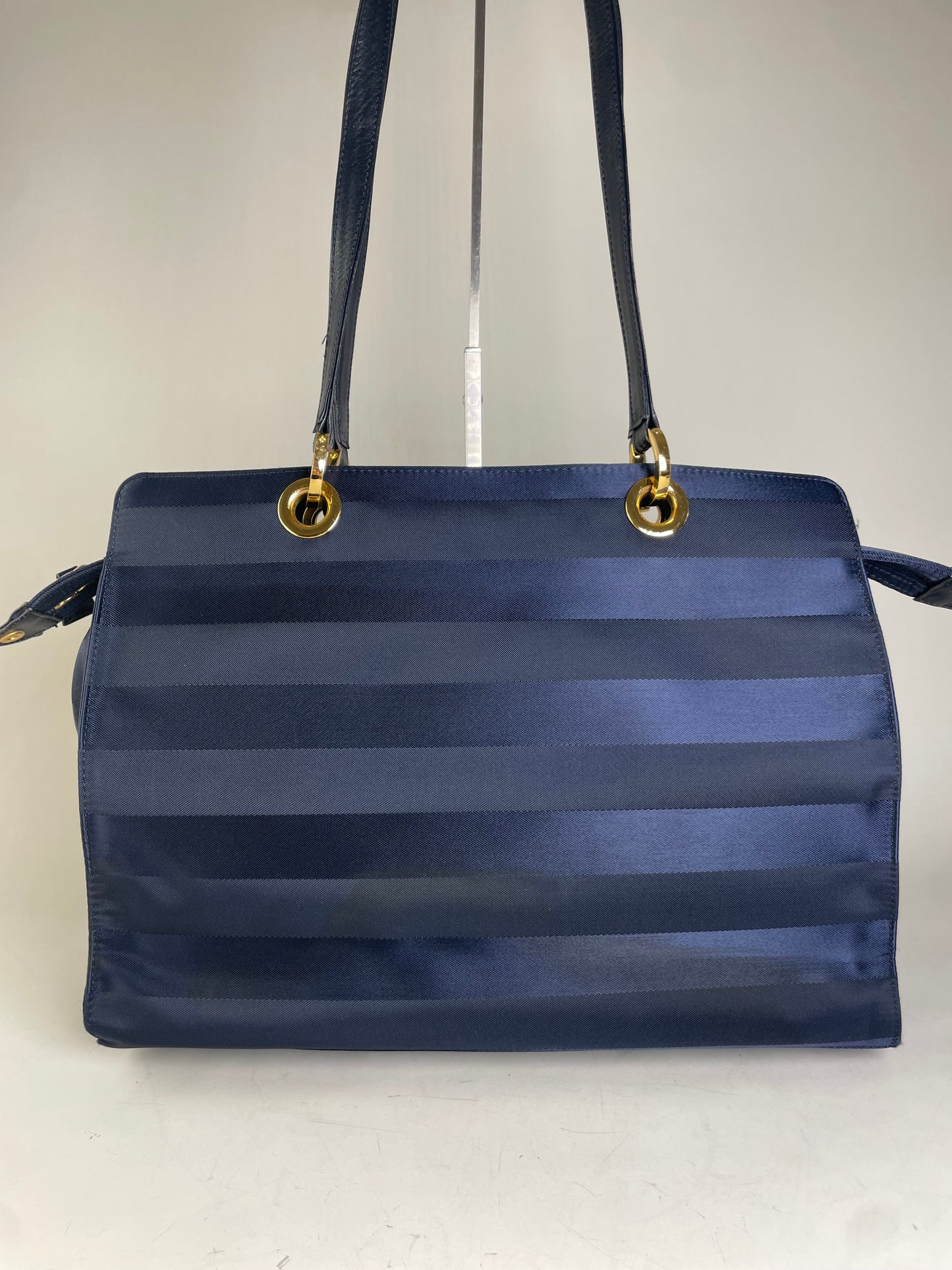 Vintage Courreges Nylon Leather Trim Tote Navy Gold