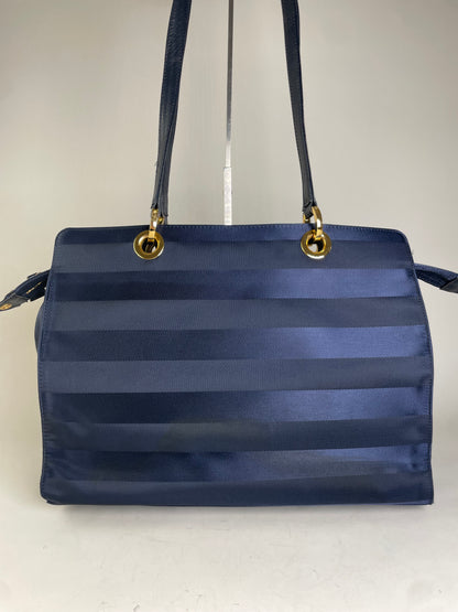 Vintage Courreges Nylon Leather Trim Tote Navy Gold