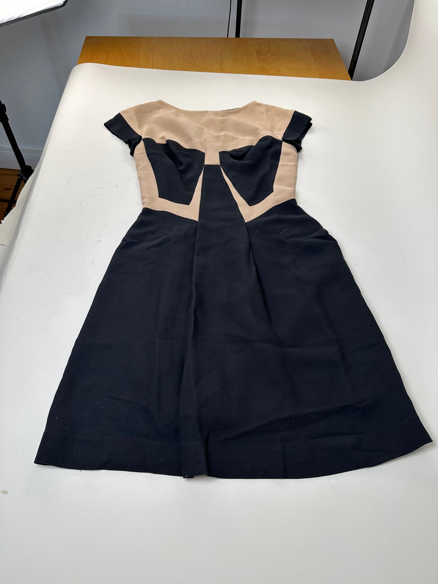 Vintage Bottega Veneta Silk Cotton Dress Beige Black M