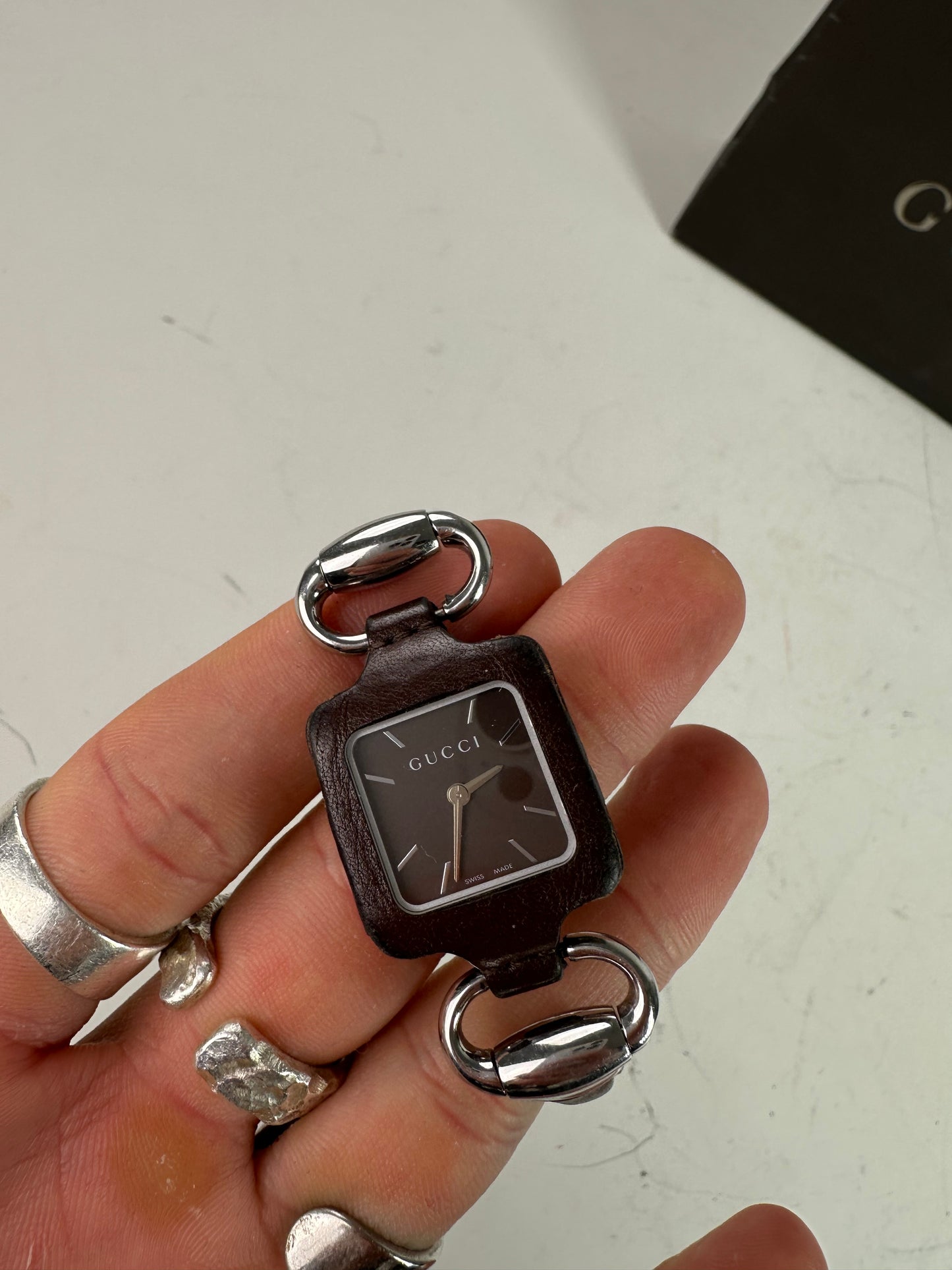 Vintage Gucci Stainless Steel Leather Bracelet Watch Brown Silver