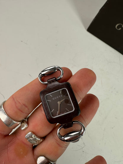 Vintage Gucci Stainless Steel Leather Bracelet Watch Brown Silver