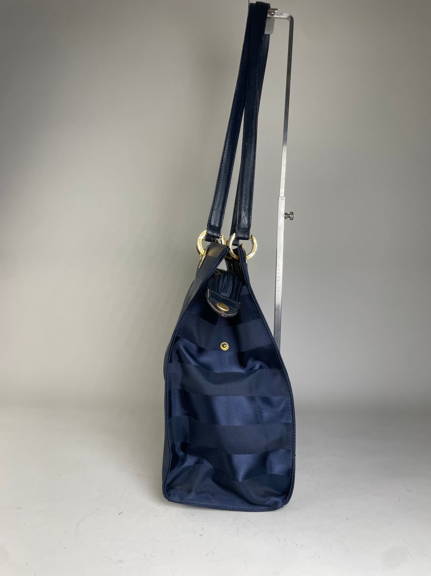 Vintage Courreges Nylon Leather Trim Tote Navy Gold