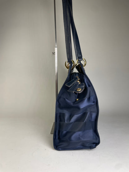 Vintage Courreges Nylon Leather Trim Tote Navy Gold