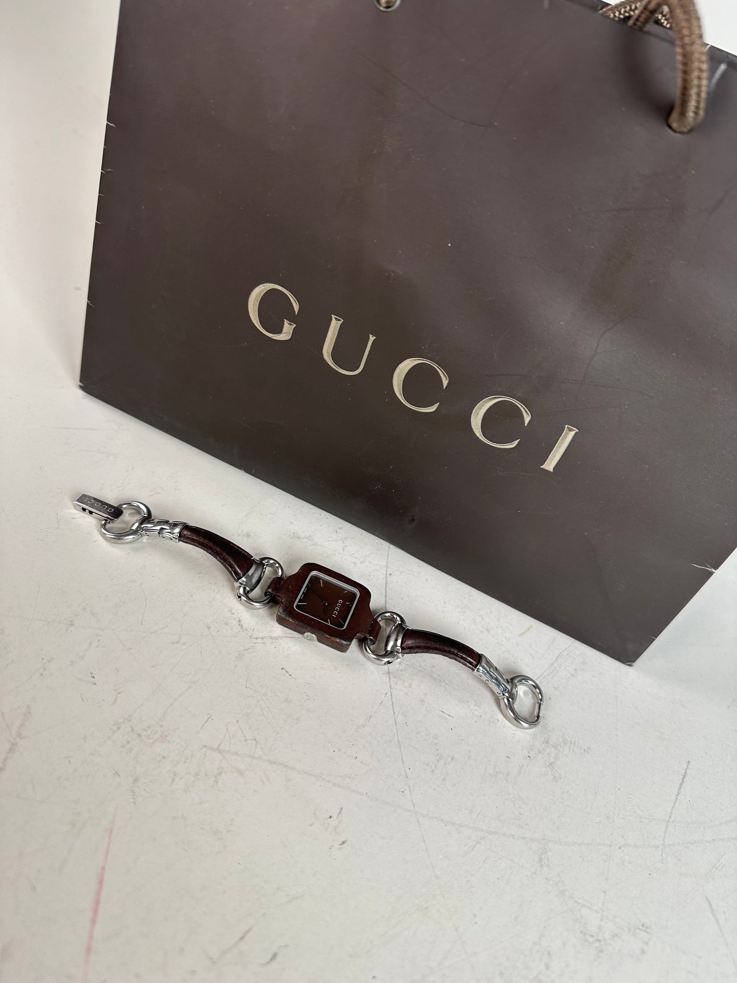 Vintage Gucci Stainless Steel Leather Bracelet Watch Brown Silver