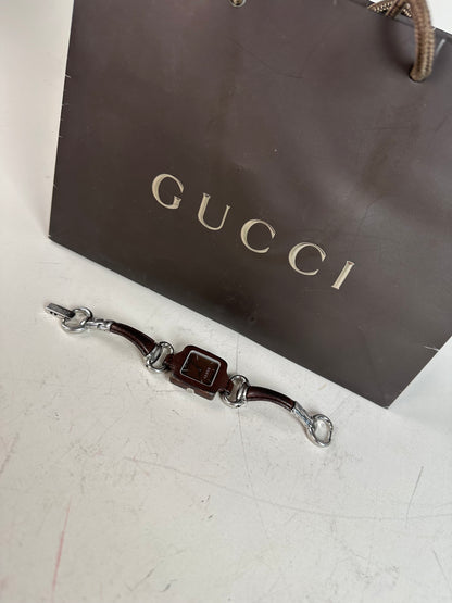 Vintage Gucci Stainless Steel Leather Bracelet Watch Brown Silver