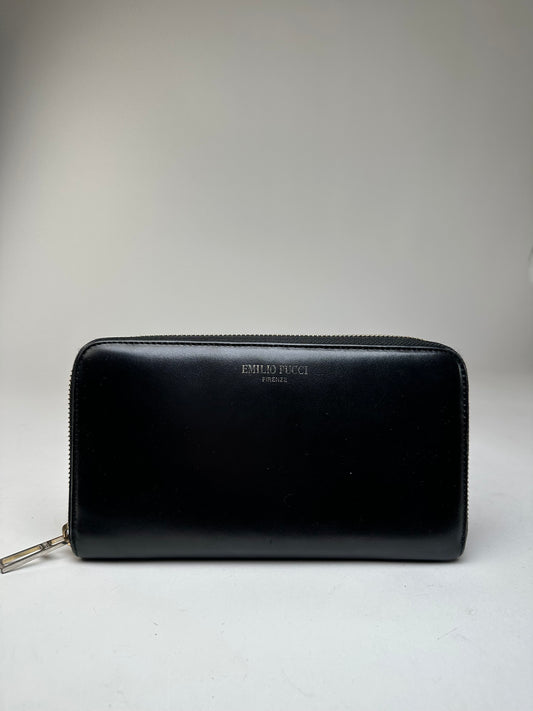 Vintage Emilio Pucci Black Leather Zip-Around Wallet
