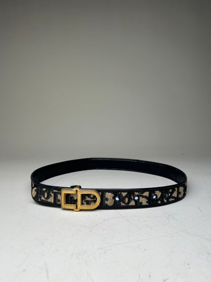 Vintage Dior Oblique Canvas Logo Belt Black Beige Gold
