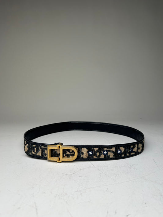 Vintage Dior Oblique Canvas Logo Belt Black Beige Gold