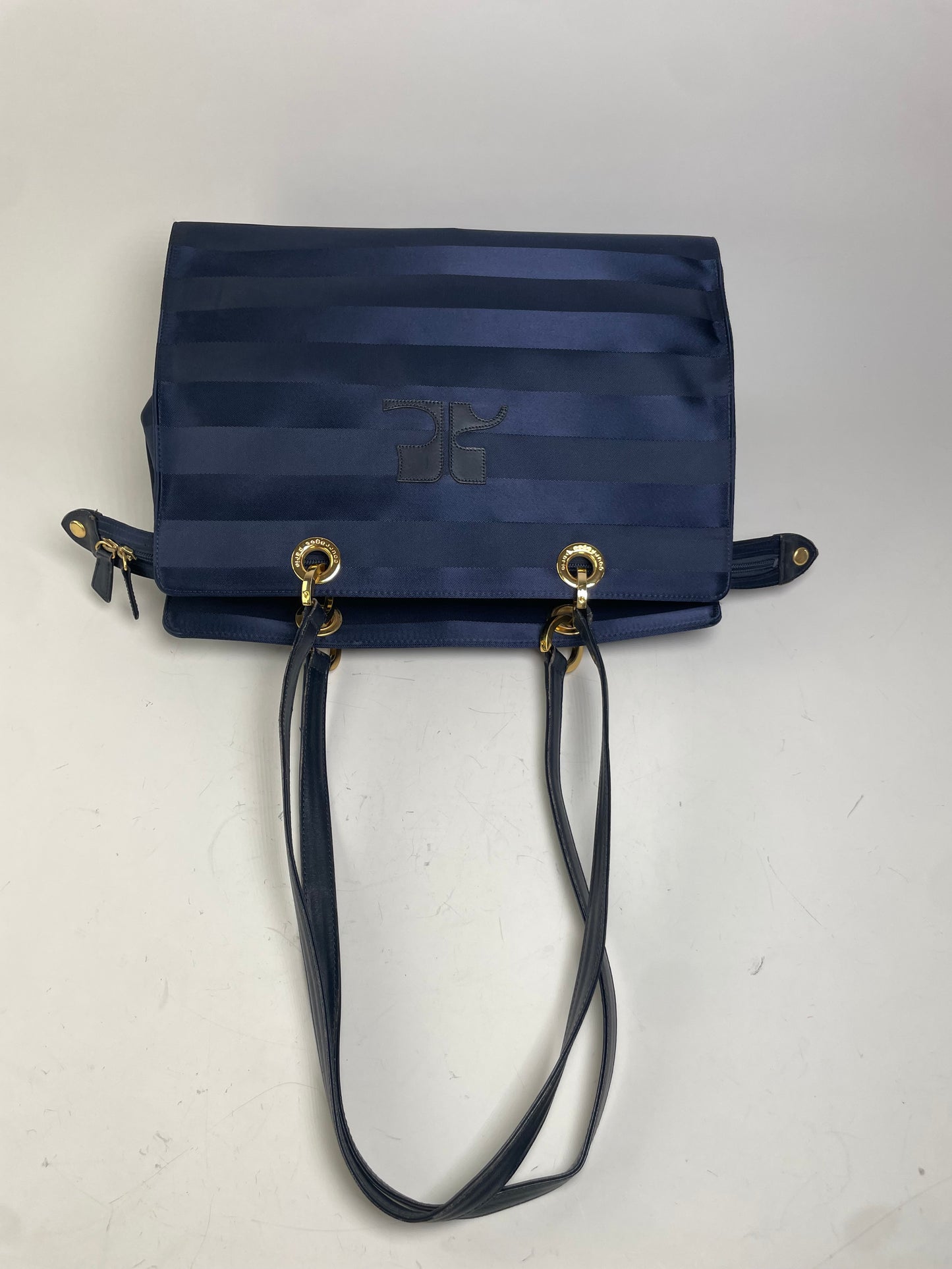 Vintage Courreges Nylon Leather Trim Tote Navy Gold