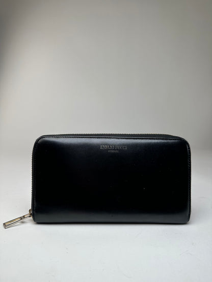 Vintage Emilio Pucci Black Leather Zip-Around Wallet