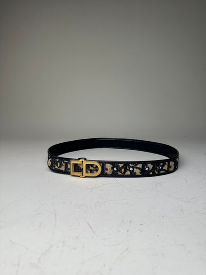 Vintage Dior Oblique Canvas Logo Belt Black Beige Gold