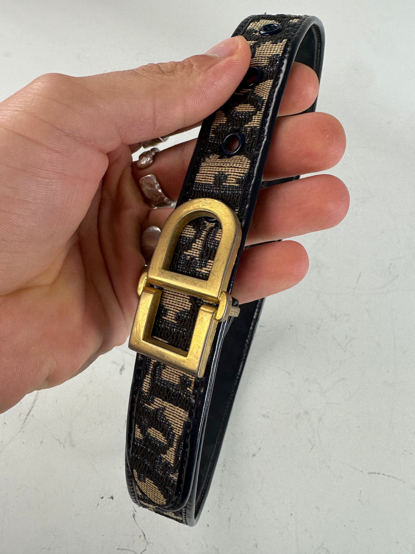 Vintage Dior Oblique Canvas Logo Belt Black Beige Gold