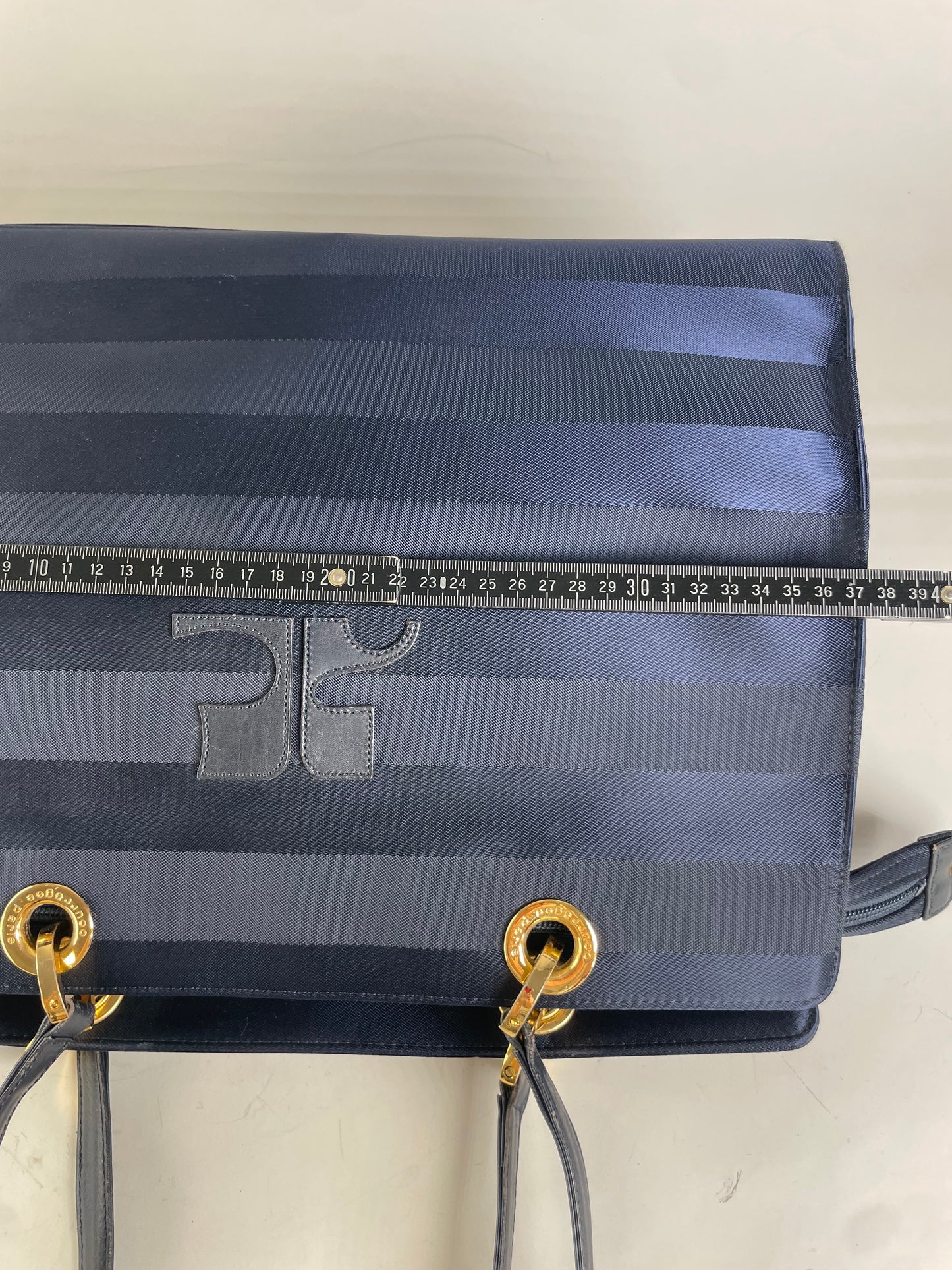 Vintage Courreges Nylon Leather Trim Tote Navy Gold