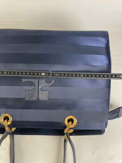 Vintage Courreges Nylon Leather Trim Tote Navy Gold