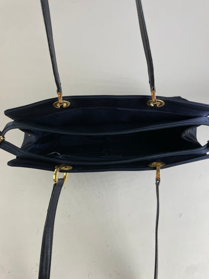 Vintage Courreges Nylon Leather Trim Tote Navy Gold
