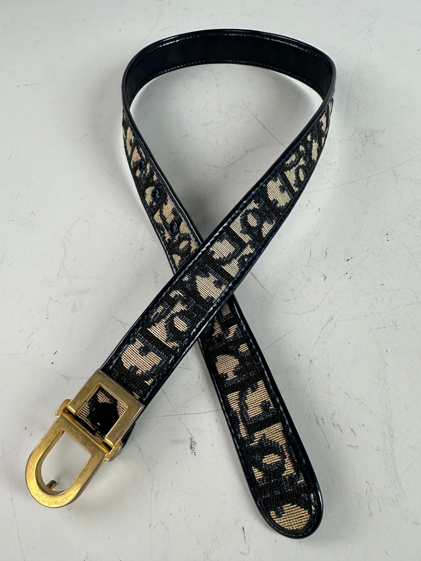 Vintage Dior Oblique Canvas Logo Belt Black Beige Gold