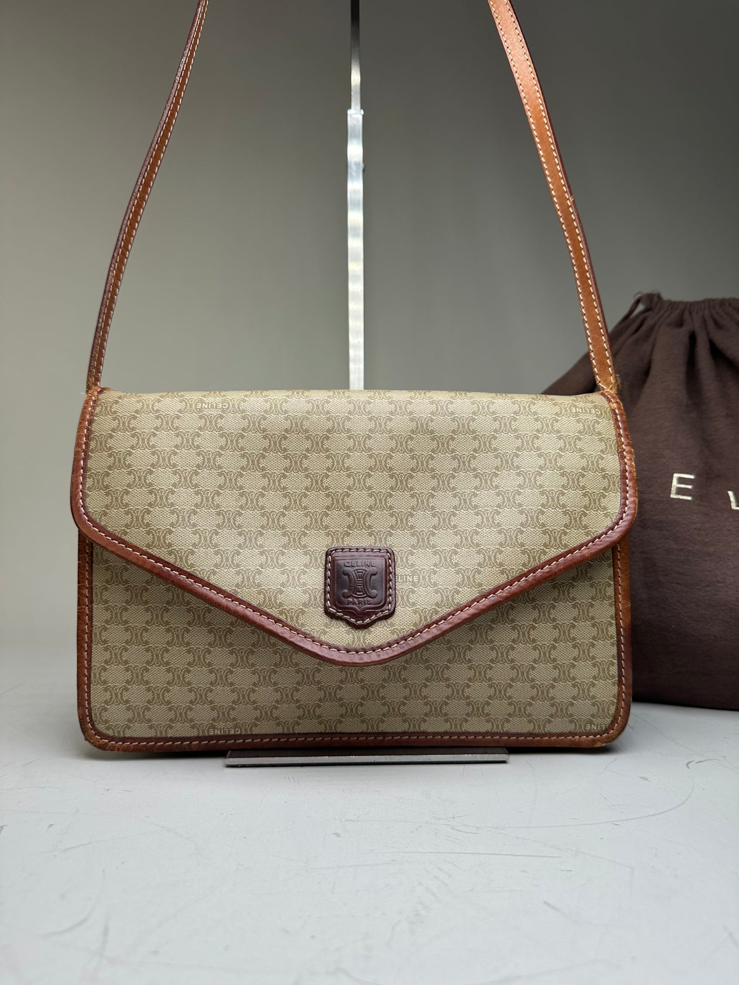 Vintage Celine Monogram Canvas Shoulder Bag Beige Brown