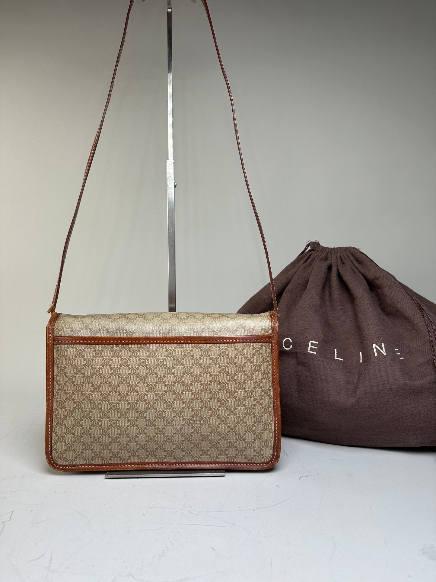 Vintage Celine Monogram Canvas Shoulder Bag Beige Brown