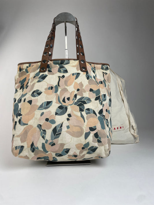 Vintage Marni Studded Floral Canvas Leather Tote bag beige brown green