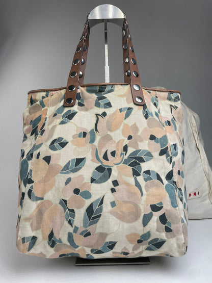 Vintage Marni Studded Floral Canvas Leather Tote bag beige brown green