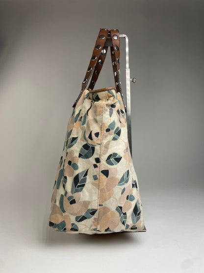 Vintage Marni Studded Floral Canvas Leather Tote bag beige brown green