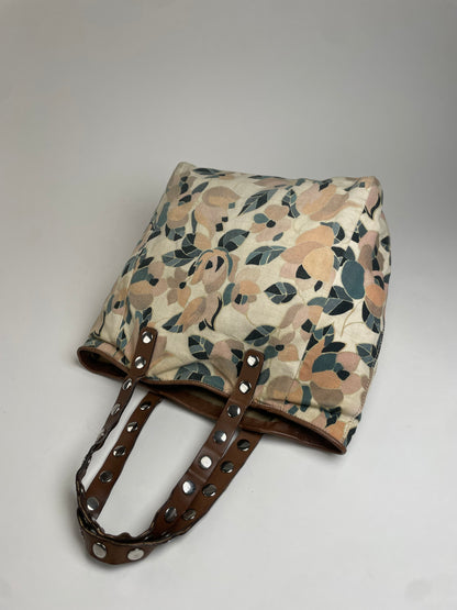 Vintage Marni Studded Floral Canvas Leather Tote bag beige brown green