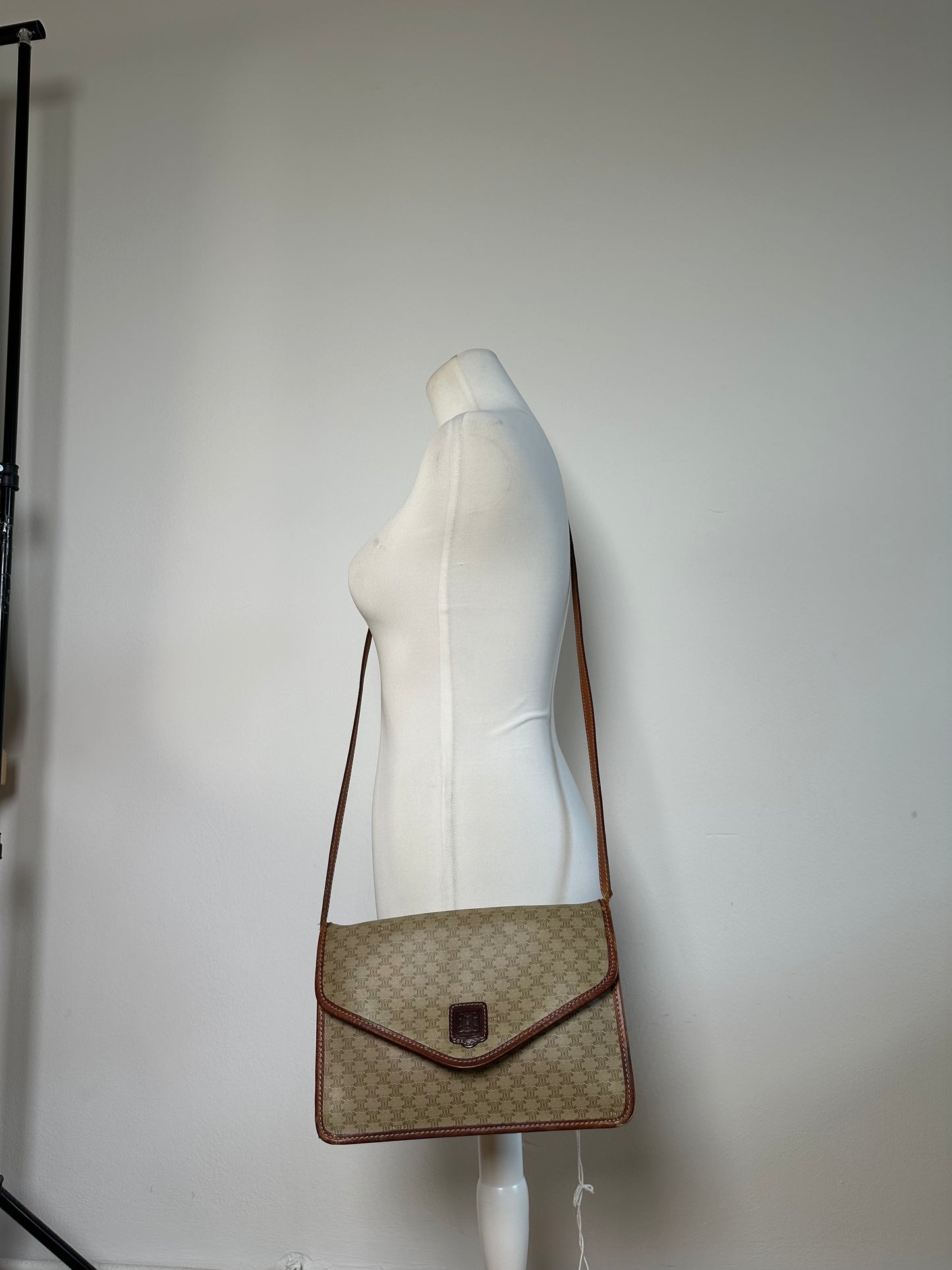 Vintage Celine Monogram Canvas Shoulder Bag Beige Brown
