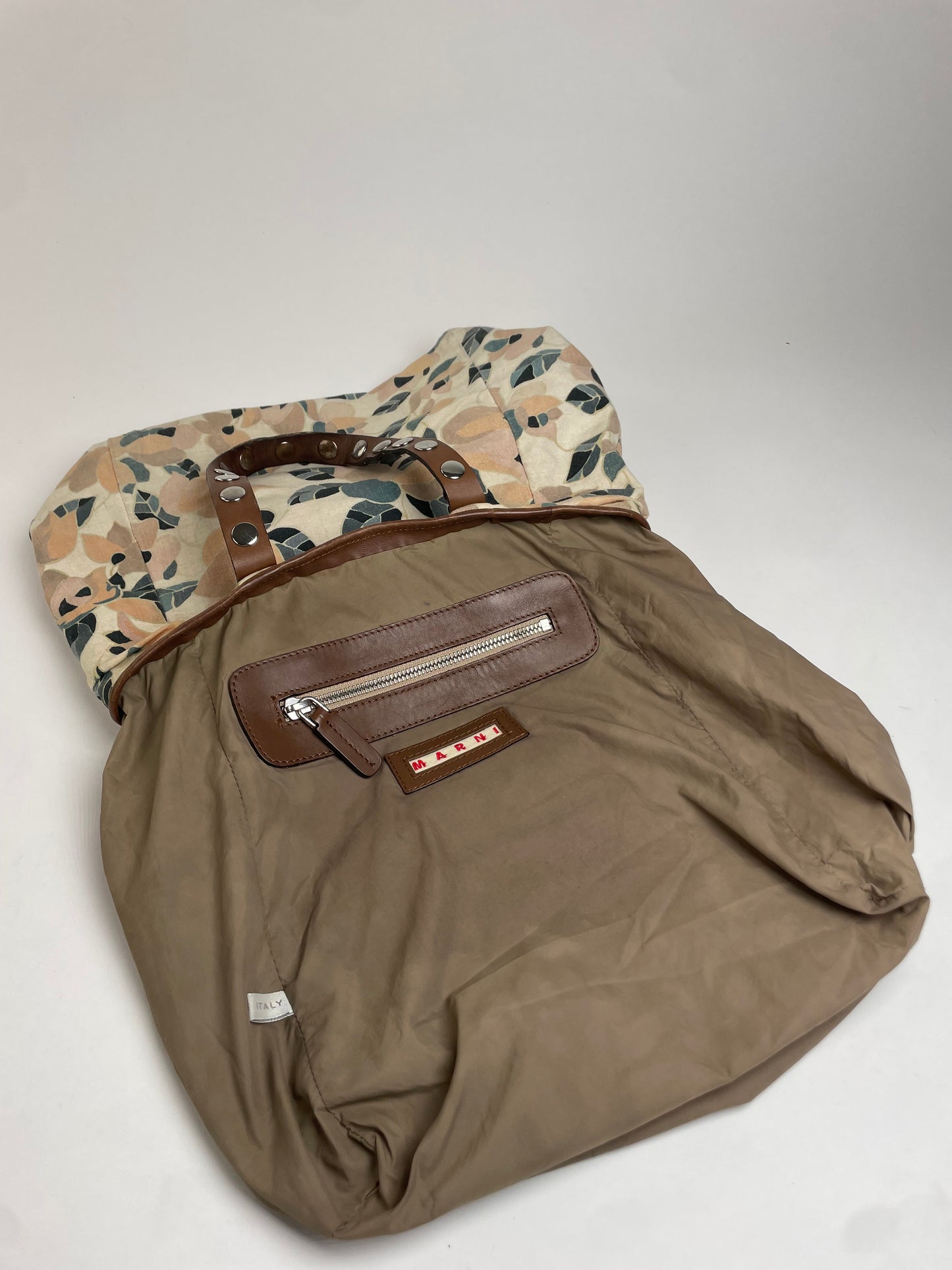 Vintage Marni Studded Floral Canvas Leather Tote bag beige brown green