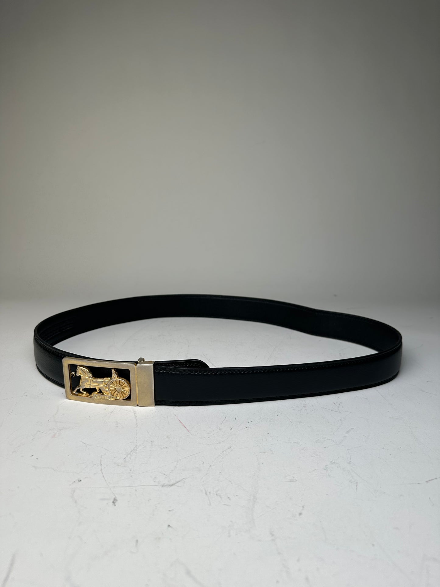 Vintage Celine Leather Belt Black Gold Horse Carriage Buckle