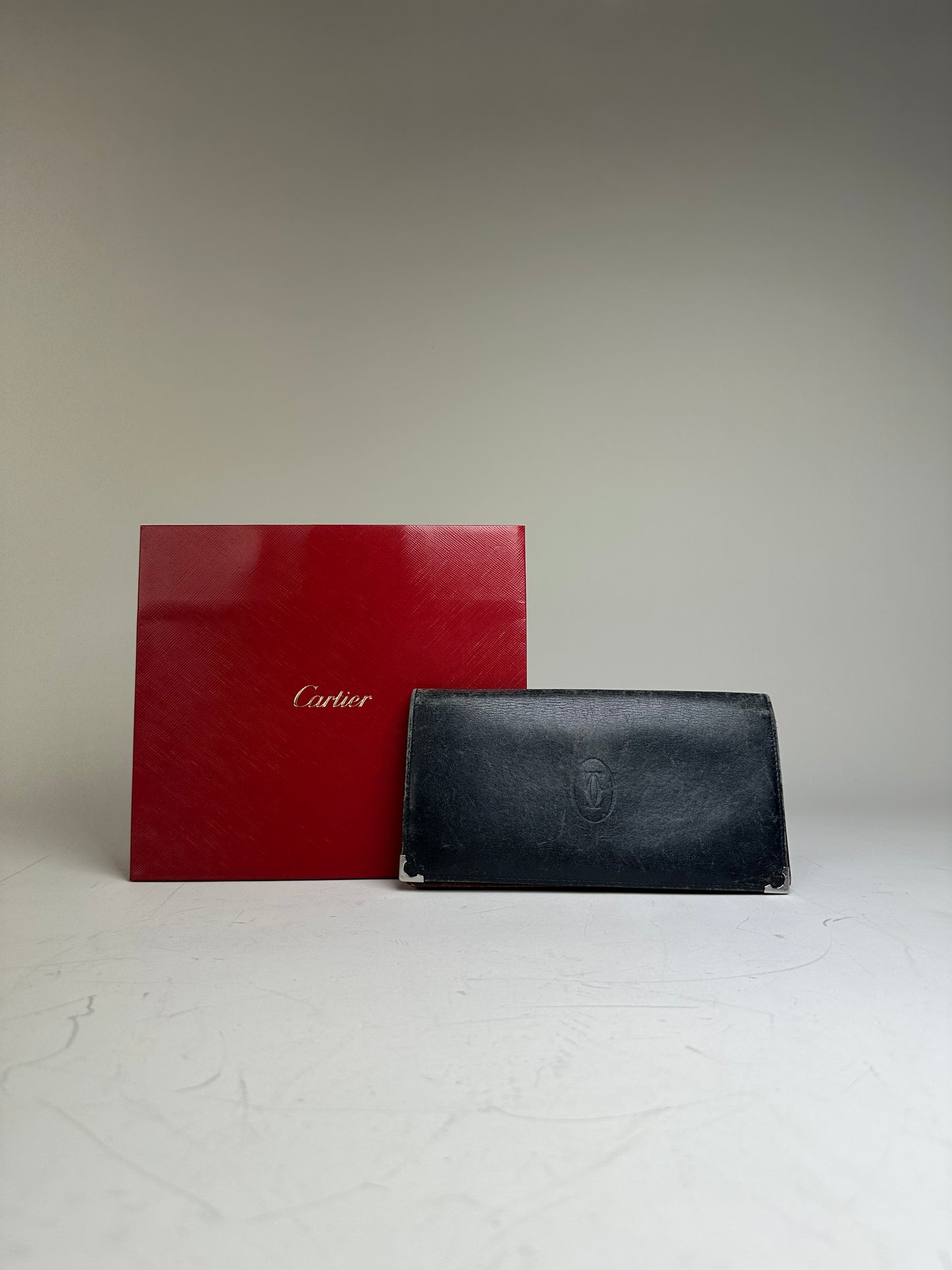 Vintage Cartier Leather Bifold Wallet Black Burgundy Silver