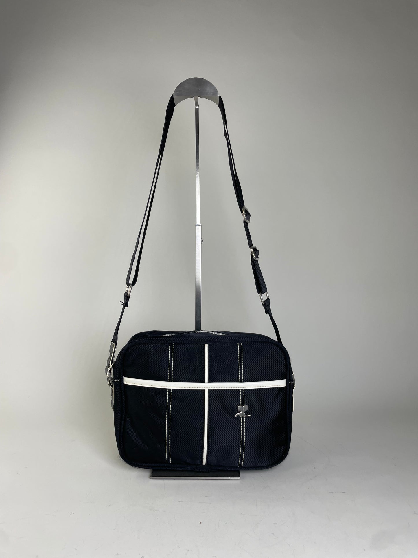 Vintage Courreges Nylon Messenger Bag Black White